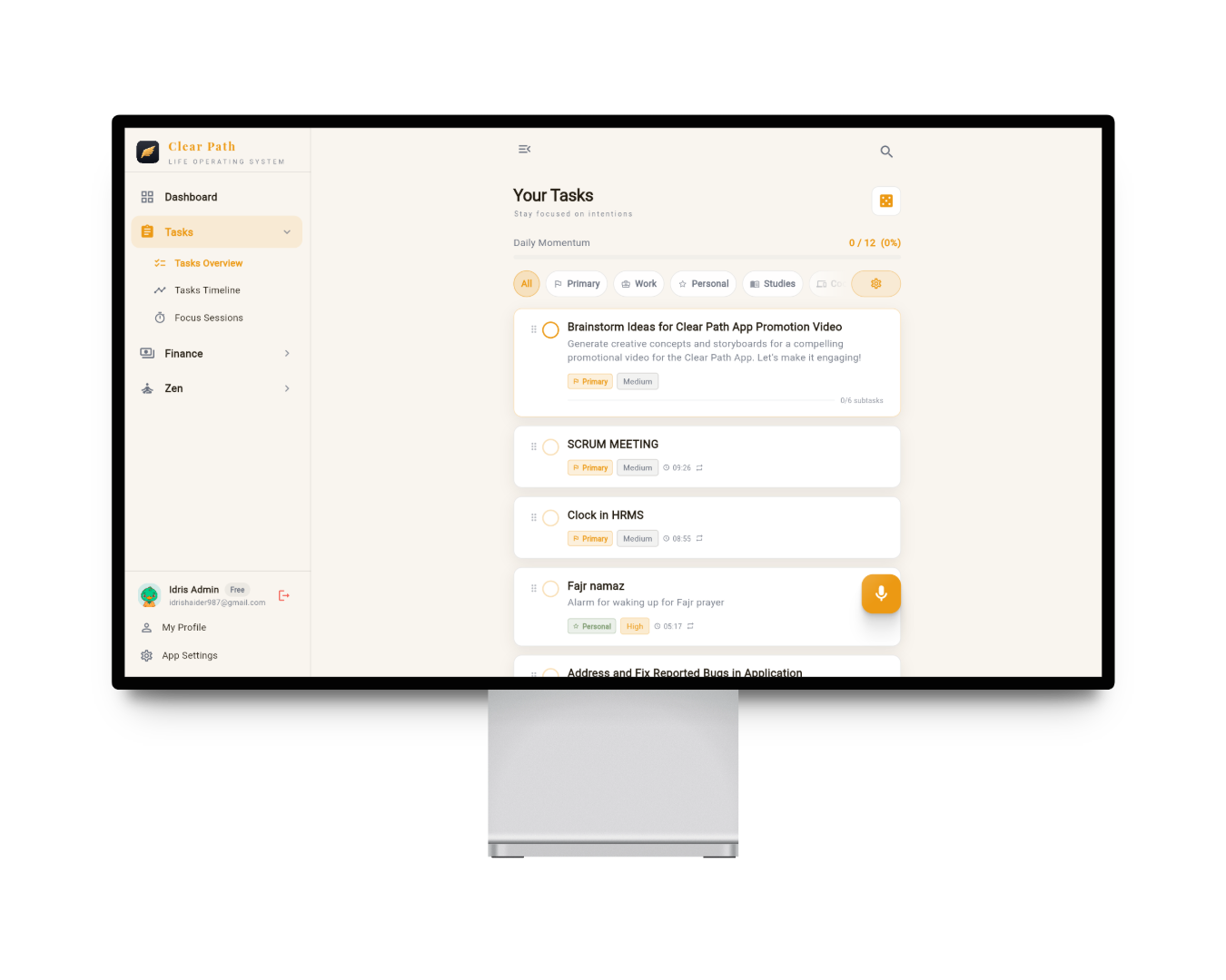The Tasks screen, with daily momentum across the top, category filters, and per-task priority and recurrence.